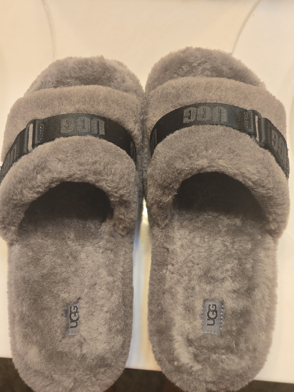 UGG Men's Gray Fuzz Slide Sandals with Black UGG Logo Strap